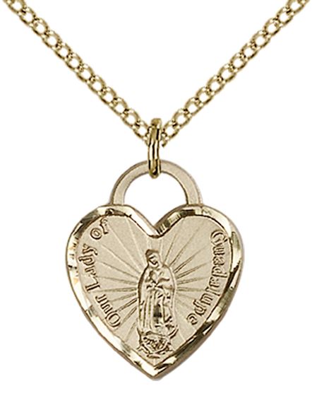 14KT GOLD FILLED OUR LADY OF GUADALUPE HEART PENDANT WITH CHAIN - 5/8" x 1/2"