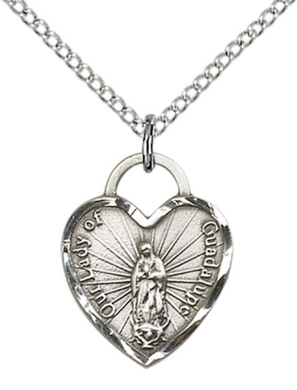 STERLING SILVER OUR LADY OF GUADALUPE HEART PENDANT WITH CHAIN - 5/8" x 1/2"
