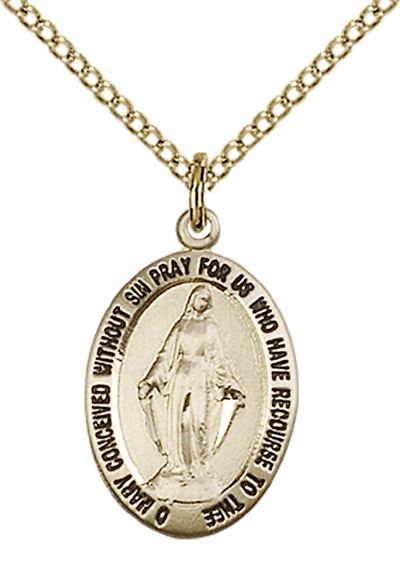 14KT GOLD FILLED MIRACULOUS PENDANT WITH CHAIN - 3/4" x 3/8"