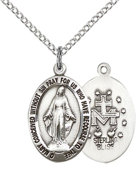 STERLING SILVER MIRACULOUS PENDANT WITH CHAIN - 3/4" x 3/8"