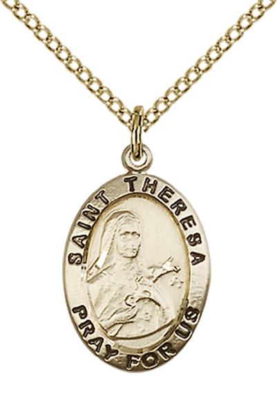 14KT GOLD FILLED ST THERESA PENDANT WITH CHAIN - 3/4" x 1/2"