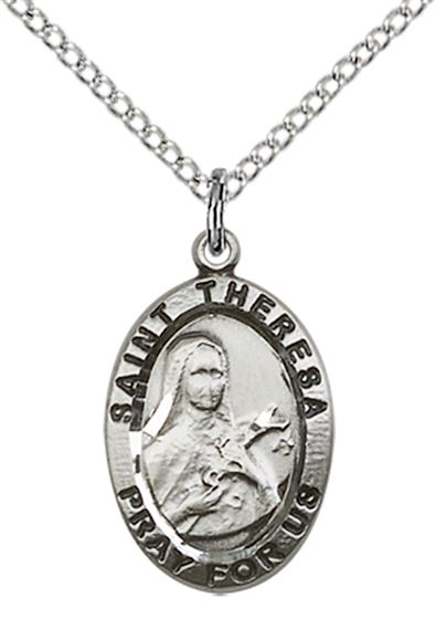 STERLING SILVER ST THERESA PENDANT WITH CHAIN - 3/4" x 1/2"