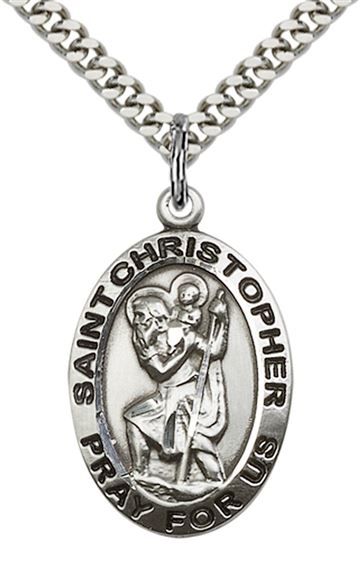 STERLING SILVER ST CHRISTOPHER PENDANT WITH CHAIN - 1" x 5/8"
