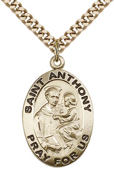 14KT GOLD FILLED ST ANTHONY OF PADUA PENDANT WITH CHAIN - 1" x 5/8"