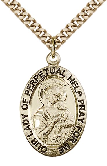 14KT GOLD FILLED OUR LADY OF PERPETUAL HELP PENDANT WITH CHAIN - 1" x 5/8"