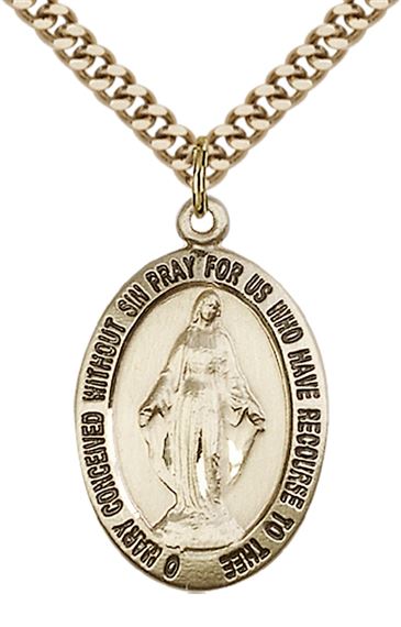 14KT GOLD FILLED MIRACULOUS PENDANT WITH CHAIN - 1" x 5/8"