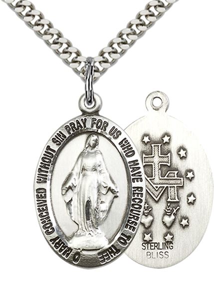 STERLING SILVER MIRACULOUS PENDANT WITH CHAIN - 1" x 5/8"
