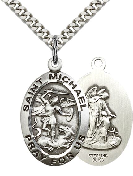 STERLING SILVER ST MICHAEL THE ARCHANGEL PENDANT WITH CHAIN - 1" x 5/8"
