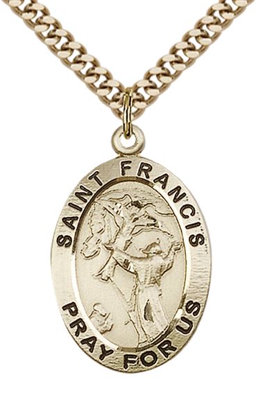 14KT GOLD FILLED ST FRANCIS OF ASSISI PENDANT WITH CHAIN - 1" x 5/8"