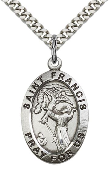 STERLING SILVER ST FRANCIS OF ASSISI PENDANT WITH CHAIN - 1" x 5/8"