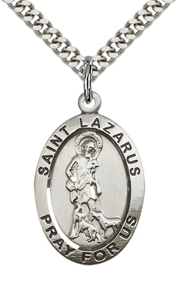 STERLING SILVER ST LAZARUS PENDANT WITH CHAIN - 1" x 5/8"