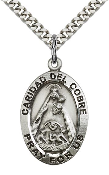 STERLING SILVER CARIDAD DEL COBRE PENDANT WITH CHAIN - 1" x 5/8"
