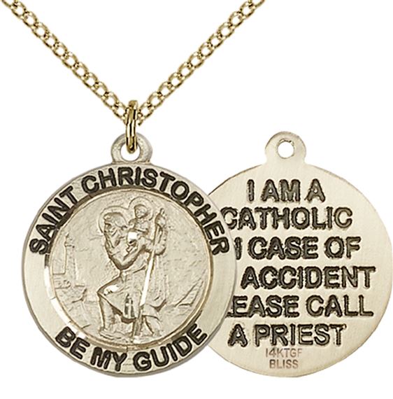 14KT GOLD FILLED ST CHRISTOPHER PENDANT WITH CHAIN - 3/4" x 3/4"