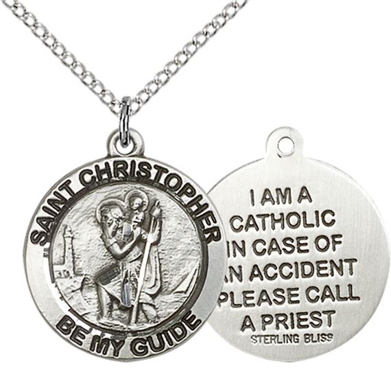 STERLING SILVER ST CHRISTOPHER PENDANT WITH CHAIN - 3/4" x 3/4"