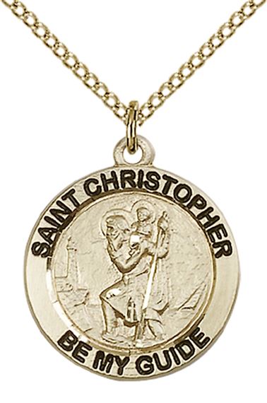 14KT GOLD FILLED ST CHRISTOPHER PENDANT WITH CHAIN - 3/4" x 3/4"
