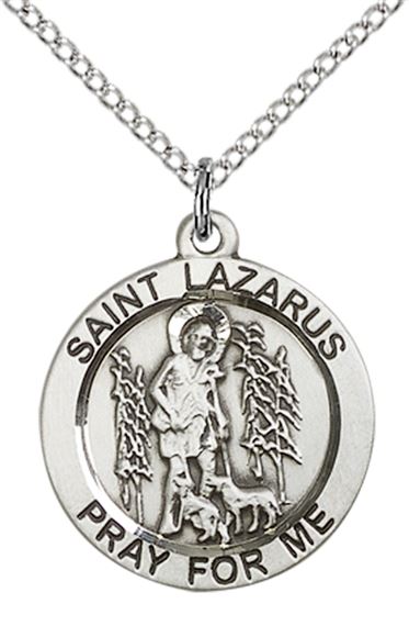 STERLING SILVER ST LAZARUS PENDANT WITH CHAIN - 3/4" x 3/4"