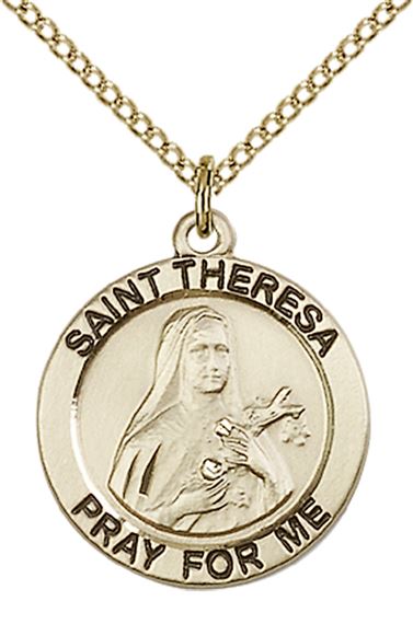 14KT GOLD FILLED ST THERESA PENDANT WITH CHAIN - 3/4" x 3/4"