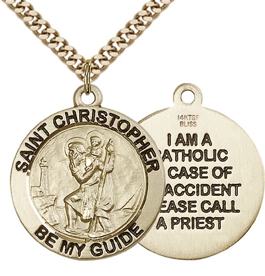 14KT GOLD FILLED ST CHRISTOPHER PENDANT WITH CHAIN - 1" x 7/8"