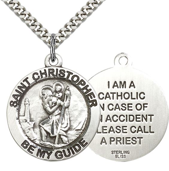STERLING SILVER ST CHRISTOPHER PENDANT WITH CHAIN - 1" x 7/8"