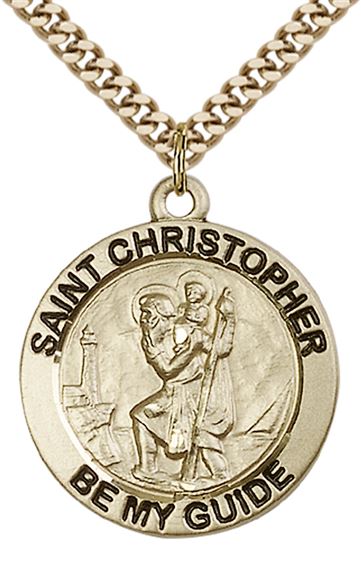 14KT GOLD FILLED ST CHRISTOPHER PENDANT WITH CHAIN - 1" x 7/8"