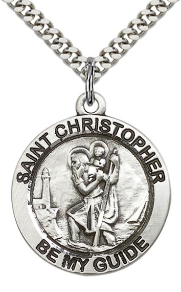 STERLING SILVER ST CHRISTOPHER PENDANT WITH CHAIN - 1" x 7/8"