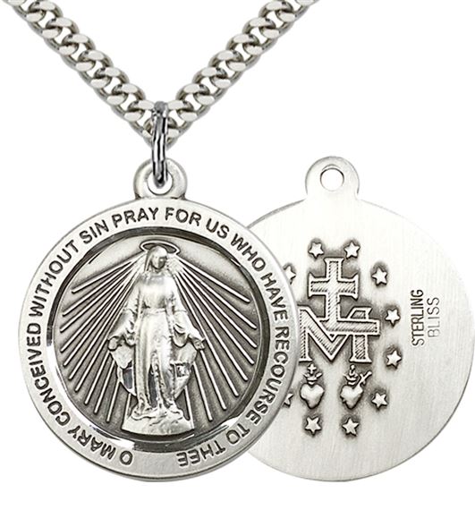 STERLING SILVER MIRACULOUS PENDANT WITH CHAIN - 1" x 7/8"