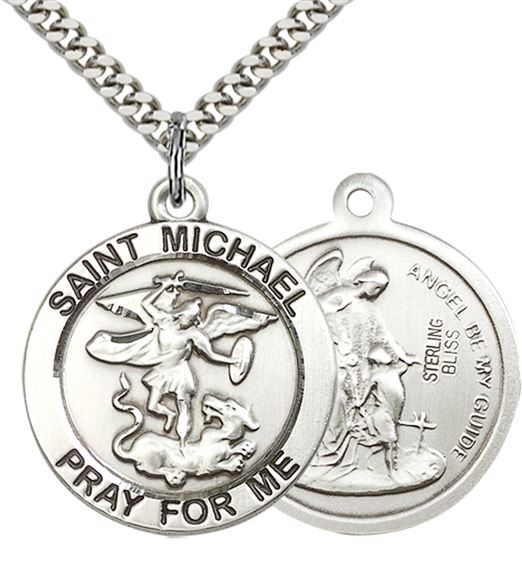 STERLING SILVER ST MICHAEL THE ARCHANGEL PENDANT WITH CHAIN - 1" x 7/8"