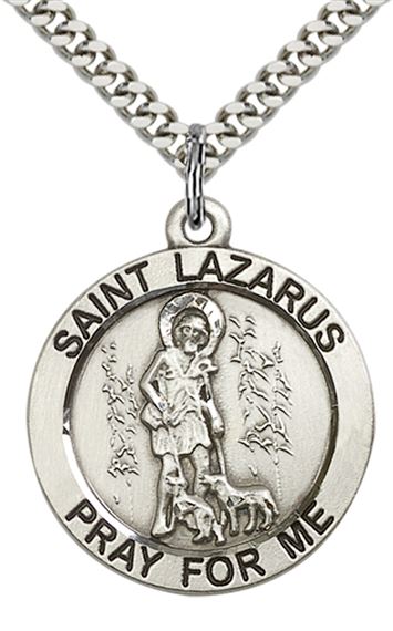 STERLING SILVER ST LAZARUS PENDANT WITH CHAIN - 1" x 7/8"