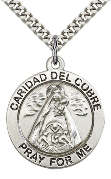 STERLING SILVER CARIDAD DEL COBRE PENDANT WITH CHAIN - 1" x 7/8"