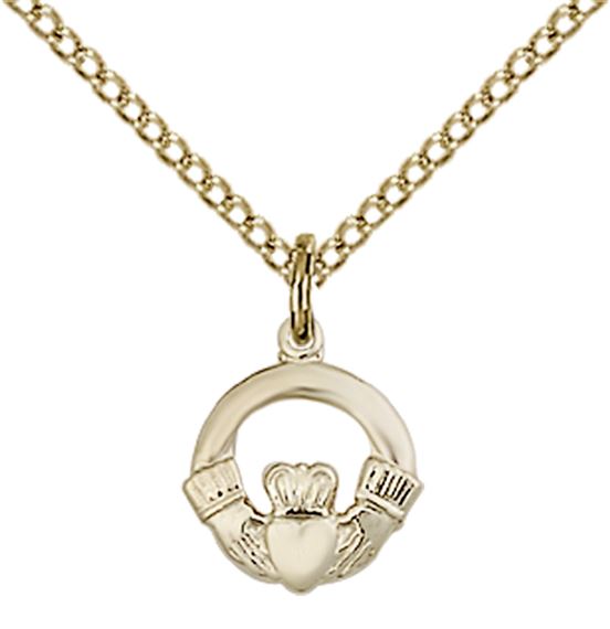 14KT GOLD FILLED CLADDAGH PENDANT WITH CHAIN - 3/8" x 3/8"