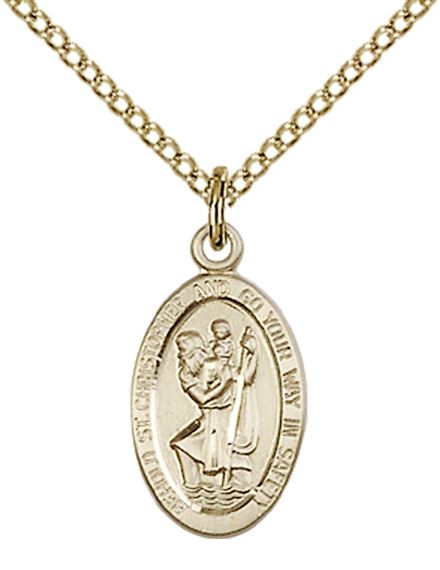 14KT GOLD FILLED ST CHRISTOPHER PENDANT WITH CHAIN - 5/8" x 3/8"