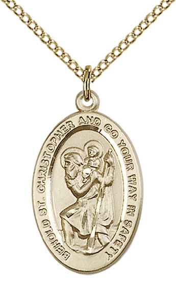 14KT GOLD FILLED ST CHRISTOPHER PENDANT WITH CHAIN - 7/8" x 1/2"