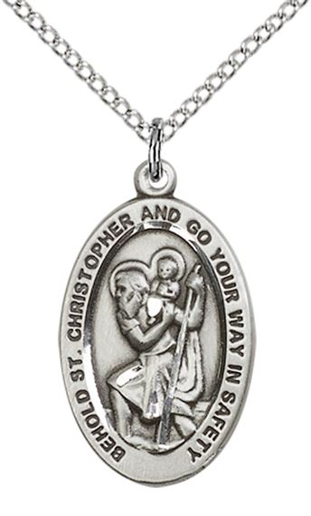 STERLING SILVER ST CHRISTOPHER PENDANT WITH CHAIN - 7/8" x 1/2"