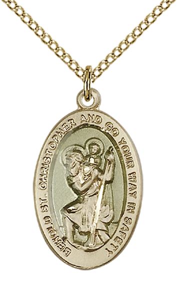 14KT GOLD FILLED ST CHRISTOPHER PENDANT WITH CHAIN - 7/8" x 1/2"