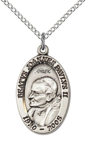 STERLING SILVER ST JOHN PAUL II PENDANT WITH CHAIN - 7/8" x 1/2"
