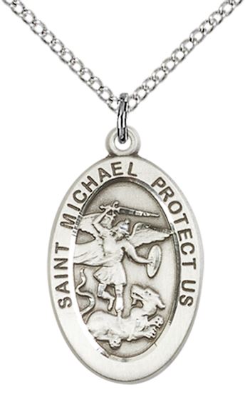STERLING SILVER ST MICHAEL THE ARCHANGEL PENDANT WITH CHAIN - 7/8" x 1/2"