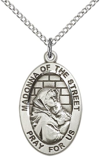 STERLING SILVER MADONNA OF THE STREET PENDANT WITH CHAIN - 7/8" x 1/2"
