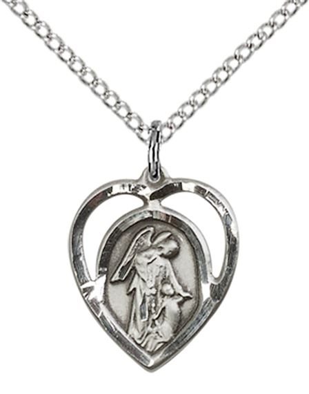 STERLING SILVER GUARDIAN ANGEL PENDANT WITH CHAIN - 5/8" x 1/2"