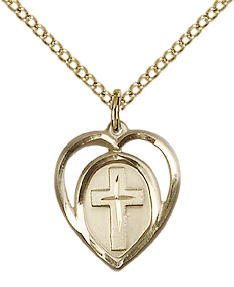 14KT GOLD FILLED HEART CROSS PENDANT WITH CHAIN - 5/8" x 1/2"
