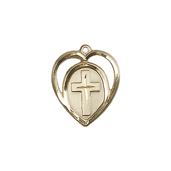 14KT GOLD HEART CROSS MEDAL - 5/8" x 1/2"