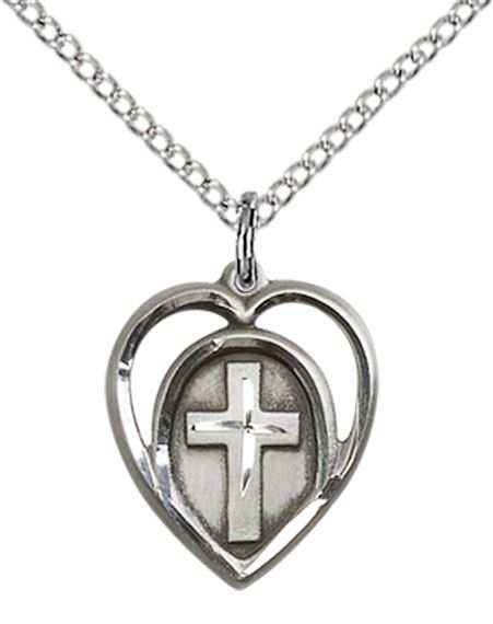 STERLING SILVER HEART CROSS PENDANT WITH CHAIN - 5/8" x 1/2"