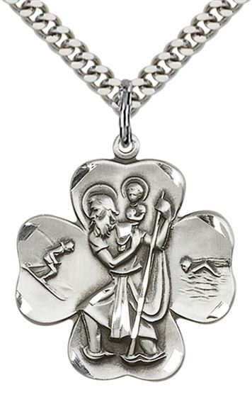 STERLING SILVER ST CHRISTOPHER PENDANT WITH CHAIN - 1" x 7/8"