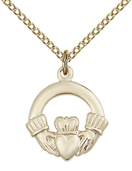 14KT GOLD FILLED CLADDAGH PENDANT WITH CHAIN - 5/8" x 1/2"