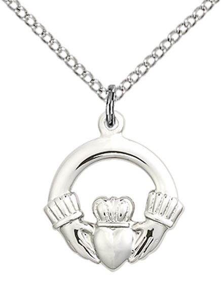STERLING SILVER CLADDAGH PENDANT WITH CHAIN - 5/8" x 1/2"