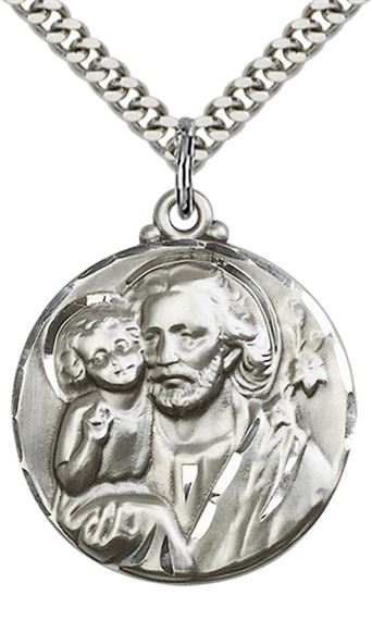 STERLING SILVER ST JOSEPH PENDANT WITH CHAIN - 1 1/8" x 7/8"