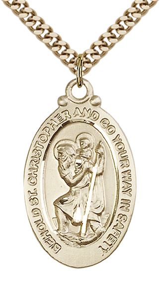 14KT GOLD FILLED ST CHRISTOPHER PENDANT WITH CHAIN - 1 1/8" x 5/8"
