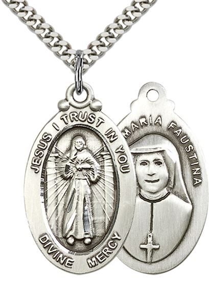 STERLING SILVER DIVINE MERCY PENDANT WITH CHAIN - 1 1/8" x 5/8"