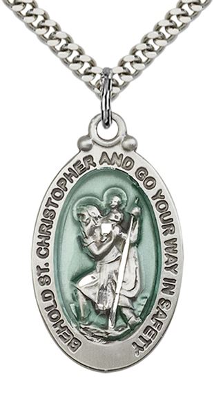 STERLING SILVER ST CHRISTOPHER PENDANT WITH CHAIN - 1 1/8" x 5/8"