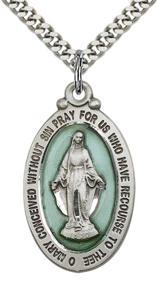 STERLING SILVER MIRACULOUS PENDANT WITH CHAIN - 1 1/8" x 5/8"
