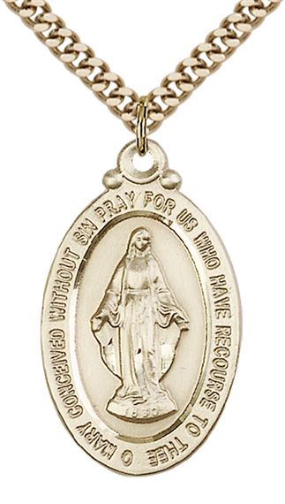 14KT GOLD FILLED MIRACULOUS PENDANT WITH CHAIN - 1 1/8" x 5/8"